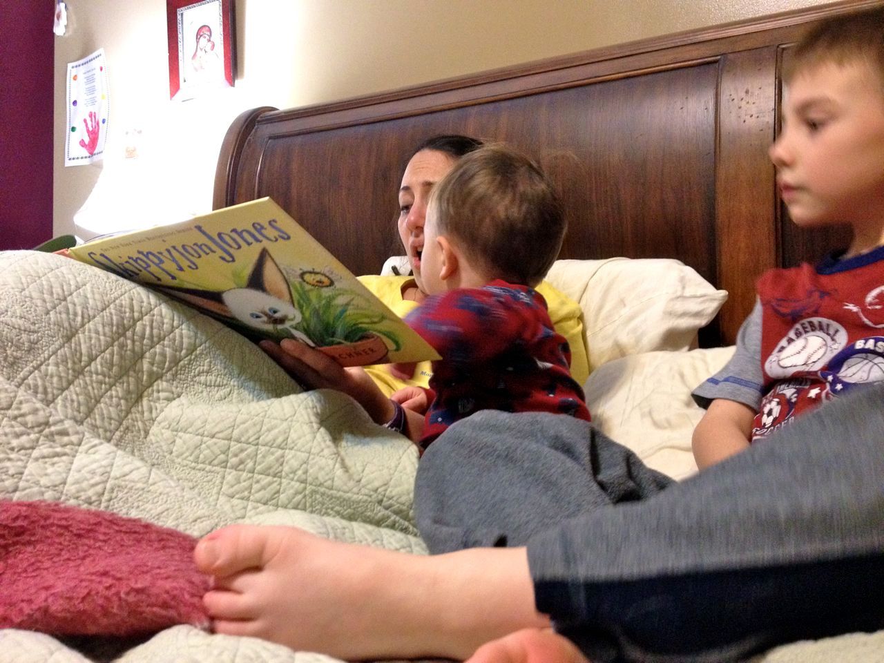  Bedtime stories in Mama's bed. We LOVE Skippyjon Jones.He's our new favorite character. 