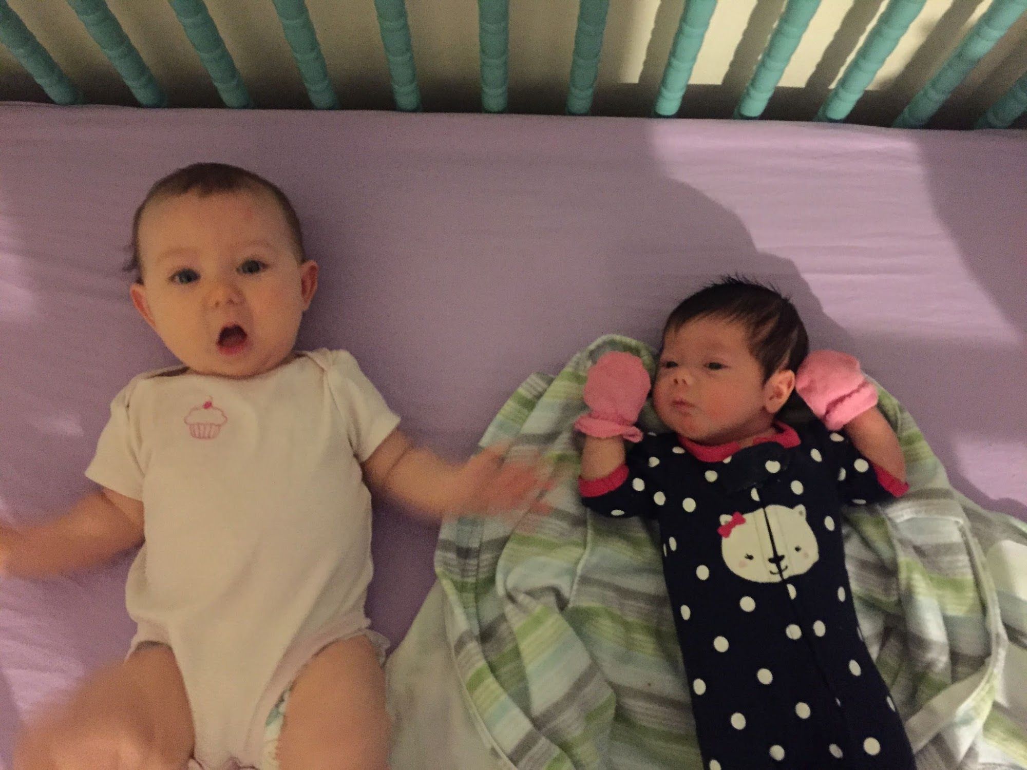  Bean and A. shared a crib while we visited my brother. Bean just turned 5 months and A. just turned a month old. 