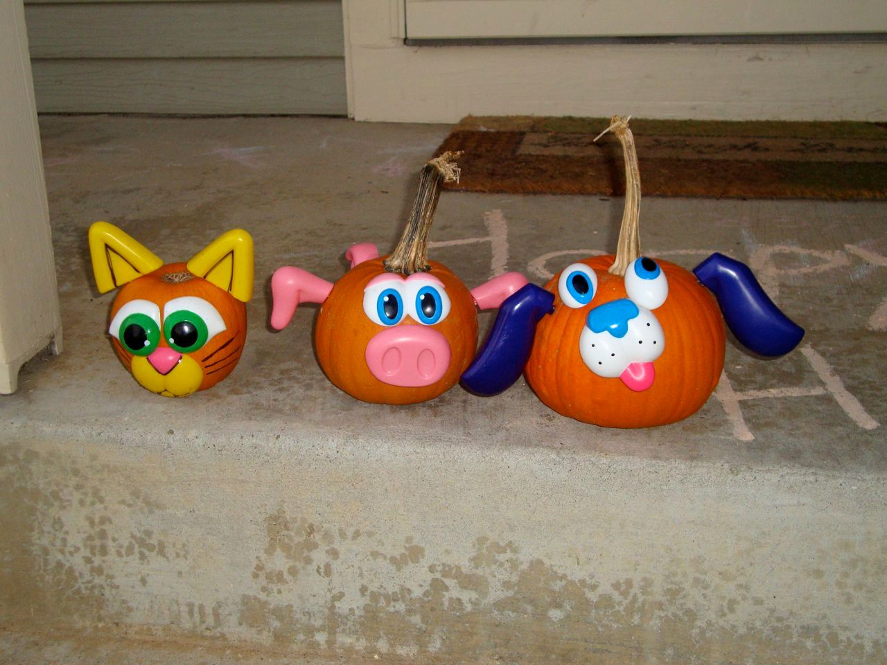 A pumpkin for each kid: Kitty cat for Baby #3, Buggy's Pig, Boogie's dog.